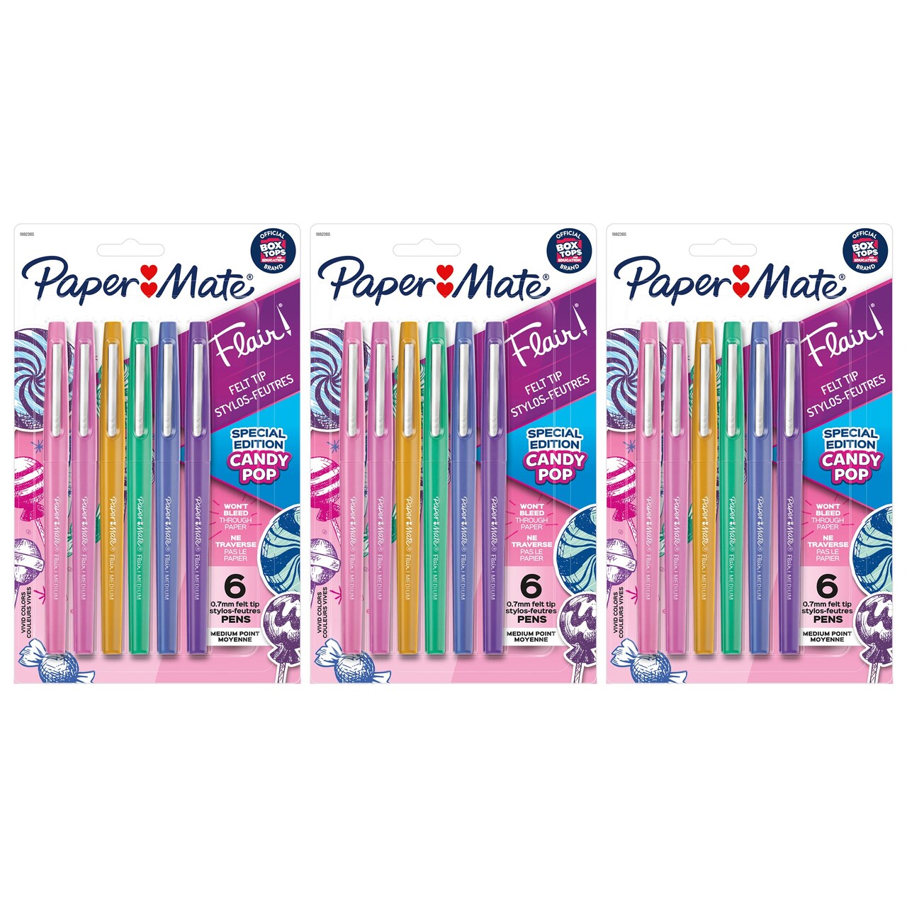 Flair Felt Tip Pens, Medium Point (0.7mm), Candy Pop Pack, 6 Per Pack, 3 Packs